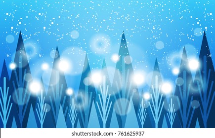 Snily Snowflakes Over Blue Winter Forest Holidays Concept Greeting Card Background Vector Illustration เวกเตอร์สต็อก