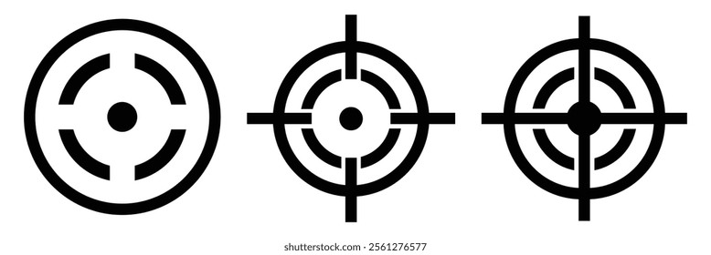 Sniper aim on white background. Target icons. Focus symbol in circle. Isolated gun shoot aim set. Bullseye vision collection.