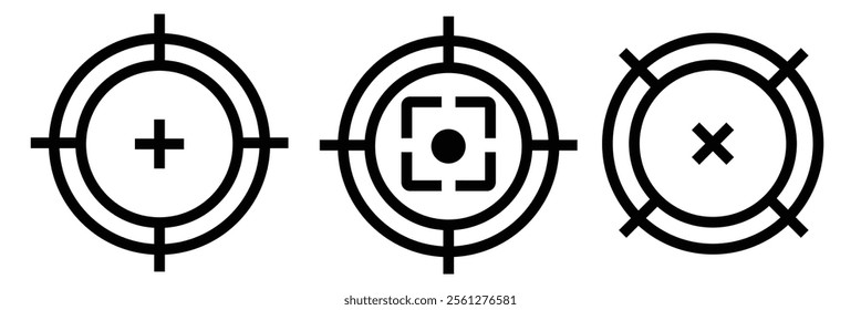 Sniper aim on white background. Target icons. Focus symbol in circle. Isolated gun shoot aim set. Bullseye vision collection.