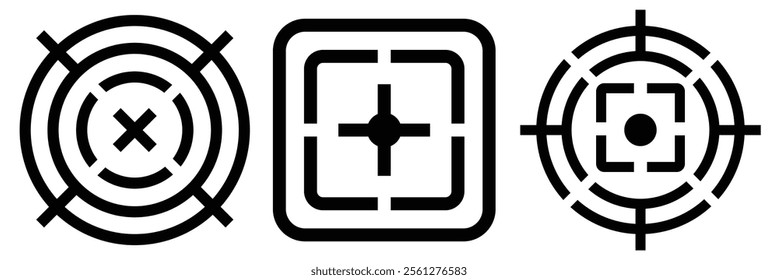 Sniper aim on white background. Target icons. Focus symbol in circle. Isolated gun shoot aim set. Bullseye vision collection.