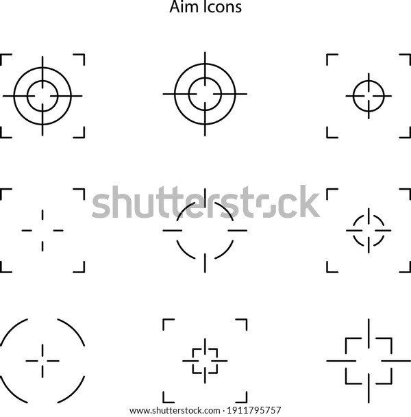 Sniper aim on white\
background. Target icons. Focus symbol in circle. Isolated gun\
shoot aim set. Bullseye vision collection. Round aiming focus.\
Vector illustration.
