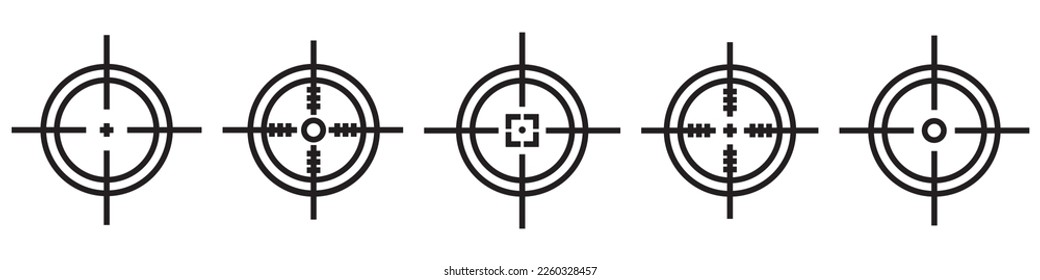 Sniper aim pointer. Mark cursor, crosshairs collection. 8 bit sprite. Game development, mobile app. Isolated vector illustration. Dotted pop art illustration