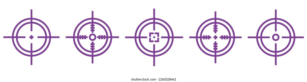 Sniper aim pointer. Mark cursor, crosshairs collection. 8 bit sprite. Game development, mobile app. Isolated vector illustration. Dotted pop art illustration