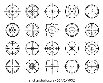 Sniper Aim Pointer. Target Navigation, Sniper Weapon Mark Cursor, Different Focus Military Sight And Focused Eye Shooting Aims Vector Symbols Set. Focus Sniper, Sight Military For Shoot Illustration