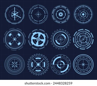 Sniper aim pointer. UI, HUD technology aiming, weapon military futuristic sights. 
Weapon targeting pointers, aiming mark and aims target sight marks or targets. 