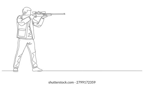Sniper aiming rifle in continuous line drawing with shooting precision continuous minimalist illustration recreation competition athletic training exercise movement monochrome marksman