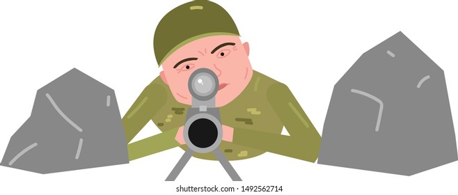 
Sniper between the stones. Sniper front view in flat design cartoon style. Military sniper front view vector illustration.