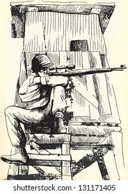 Sniper from beyond the grave. /// An hand drawing converted into vector. Vector is editable in six layers. Black and gray outlines on old paper texture.
