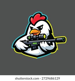 Sniper Chicken Maskottchen Logo Vektor: Hahn mit Gewehr - Funny Farm Bird Soldier Charakter für Esports und Gaming, Angry Chicken Gamer Maskottchen Logo für Esports Team, Gaming Clan, Twitch Streamer und FPS Shooter Branding.