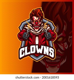 Sniper Clown mascot esport logo design illustrations vector template, Creepy shooter logo for team game streamer, full color cartoon style