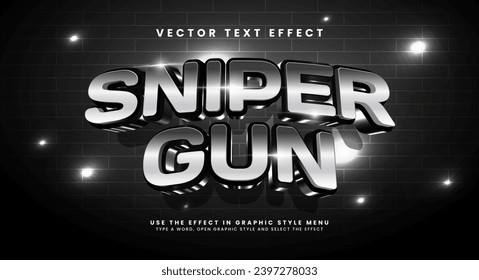 Efecto de estilo de texto modificable negro de cañón de francotirador. Efecto de texto vectorial con un tema oscuro y adornos plateados.