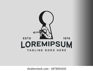 Sniper key logo design. Vector illustration of sniper and key hole. Vintage logo design with flat icon style.