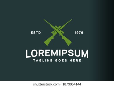 Sniper logo design. Vector illustration of two crossed sniper rifle guns. Vector illustration of hunting deer, turkey and fish. Vintage logo design with flat style.