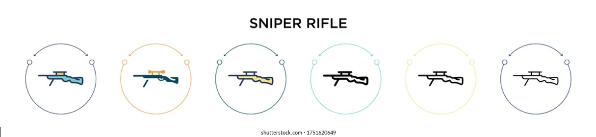 Icono de rifle de francotirador con estilo relleno, delgado, contorno y trazo. Ilustración vectorial de dos íconos vectores de rifle de francotirador de color y negro se pueden utilizar para móviles, ui, web