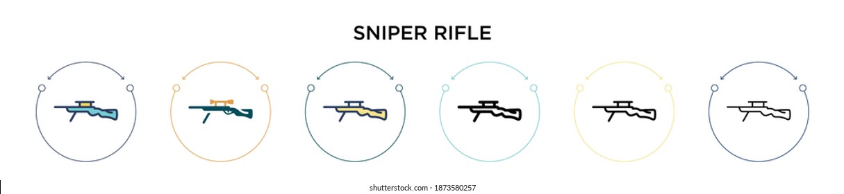 Icono de rifle de francotirador con estilo relleno, delgado, contorno y trazo. Ilustración vectorial de dos íconos vectores de rifle de francotirador de color y negro se pueden utilizar para móviles, ui, web