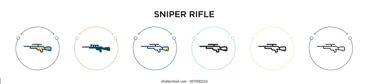 Icono de rifle de francotirador con estilo relleno, delgado, contorno y trazo. Ilustración vectorial de dos íconos vectores de rifle de francotirador de color y negro se pueden utilizar para móviles, ui, web
