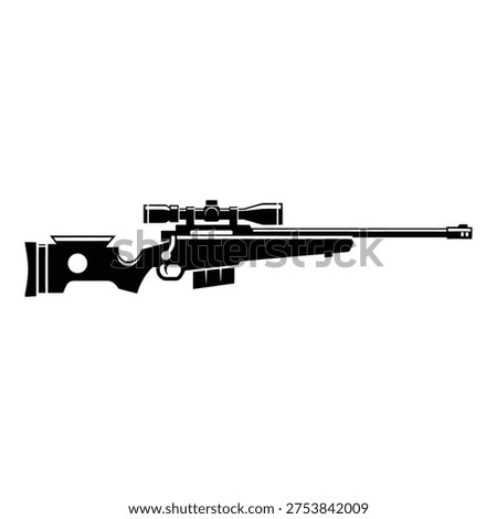 Sniper rifle with scope and silencer on white background icon