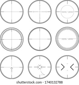 Ámbito del rifle de francotirador. Objetivo de armas. Conjunto de destinos y destino. Iconos de enfoque. Ilustración del vector