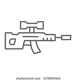 Sniper rifle thin line icon, weapon and military, gun sign, vector graphics, a linear pattern on a white background, eps 10.