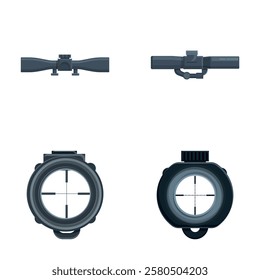 Sniper scope icons set cartoon vector. Various sniper optical sight. Weapon, military concept