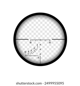 Sniper scope with measurement marks. Realistic rifle optical sight. Hunting viewfinder. Transparent background. Isolated on white. Vector graphic.