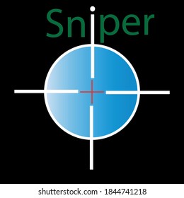 
sniper scope with a red cross along the seridine with a sky-colored circle on a black background and the inscription "sniper"