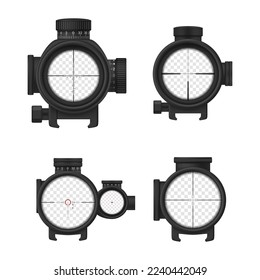 Sniper scope sight with measurement mark set realistic vector illustration. Zoom out hunt army military optical element. Zooming goal crosshair circle focus eyesight for accuracy aiming
