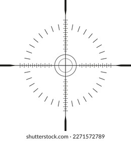 Sniper scope template with measurement marks on white isolated background. View through the sight of a hunting rifle. The concept of aiming, finding the main goal. Vector illustration