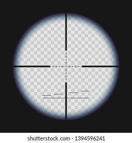 Sniper sight with measurement marks isolated on transparent background. Realistic view through a rifle scope with crosshair and chromatic aberration effect. Template design for GUI element, gaming.