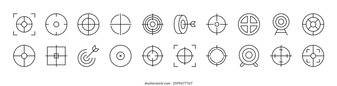 Sniper Target and Aim Line Icon Collection. Editable Stroke. Perfect for Infographics, Articles, Books, Flyers, Banners