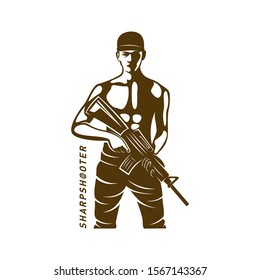 Sniper vector logo design concept style, Sharpshooter Style Concept logo Template, emblem and tshirt printing. sniper illustration for sport team. 