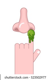 Snivel on finger. Pick your nose booger. Hand and snot. Green slime 
