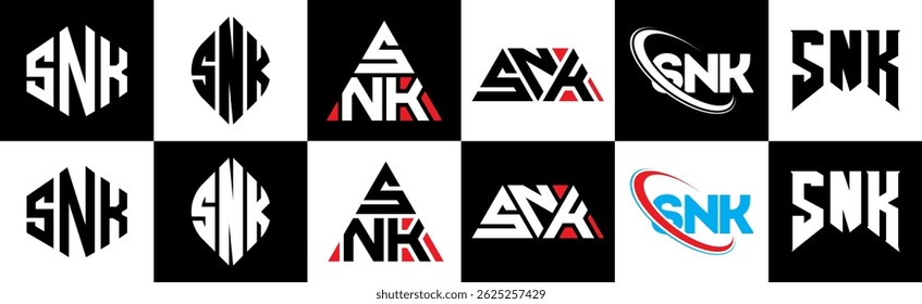 SNK letter logo design in six style. SNK polygon, circle, triangle, hexagon, flat and simple style with black and white color variation letter logo set in one artboard. SNK minimalist and classic logo