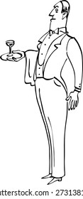 Snobbish English Butler Of A Waiter With A Glass On A Tray, Vector Illustration Based On Line Art, Black Only, EPS 8