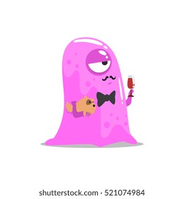 Snobbish Pink Blob Jelly Moster With Moustache And Pet Dog Drinking Wine Partying Hard As A Guest At Glamorous Posh Party Vector Illustration