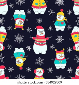 Snoman seamless pattern. Hand drawn doodle snowmen family. Bright colors - red, yellow, green and white. On black background.