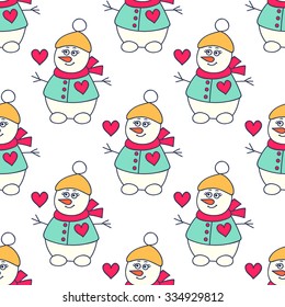 Snoman seamless pattern. Hand drawn doodle snowmen girl. Bright colors - red, yellow, green and white.