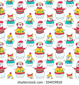 Snoman seamless pattern. Hand drawn doodle snowmen family. Bright colors - red, yellow, green and white.