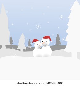Snomen merry christmas with pine trees  background .