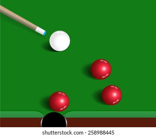 Snooker balls on green snooker table, place for text, no people.