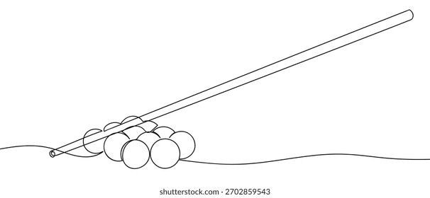 Snooker-Bälle und Snooker-Sticks, durchgehende Linie Dynamisches Einzellinien-Zeichendesign, Vektorgrafik.