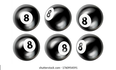 Snooker Billiard Balls Number Eight Set Vector. Collection Of Glossy Snooker Game Pool Sphere With Reflection In Different Side. Gambling Equipment Of Play Entertainment Realistic 3d Illustrations