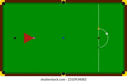 Snooker billiard table with lines and balls.