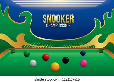 Snooker Championship With Balls And Green Snooker Table Background. Sport Concept