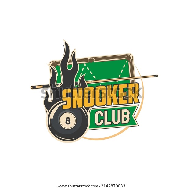 Snooker club icon.\
Pool billiard championship, snooker game club tournament vector\
emblem, sticker or retro icon with black eight ball in flames, cue\
stick and billiard\
table