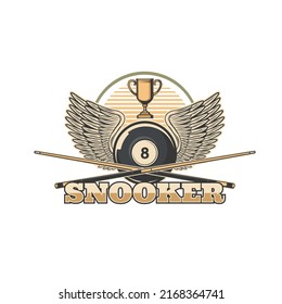 Snooker Icon Of Vector Sport Game Cues And Balls With Wings, Championship Cup And Gold Trophy. Billiards Player Club, Pool Room And Snooker Competition Tournament Isolated Symbol