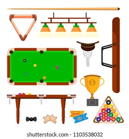 Snooker Icons Set Vector. Snooker, Billiard Accessories. Balls, Cue, Green Table, Lamp. Isolated Flat Cartoon Illustration