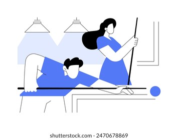 Snooker isolated cartoon vector illustrations. Happy couple playing billiard in poolroom together, hold a cue in hand, entertainment together, leisure time, snooker sport game vector cartoon.