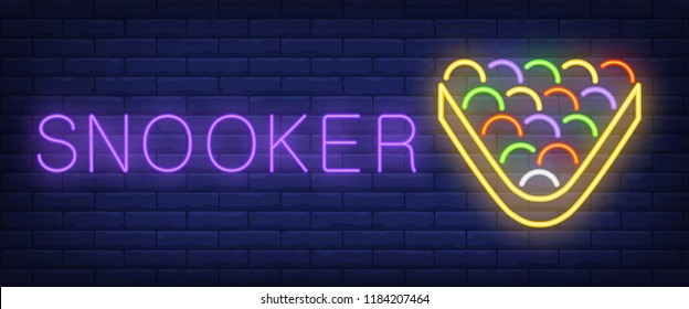 Snooker neon text with balls in triangle. Billiards club and advertisement design. Night bright neon sign, colorful billboard, light banner. Vector illustration in neon style.