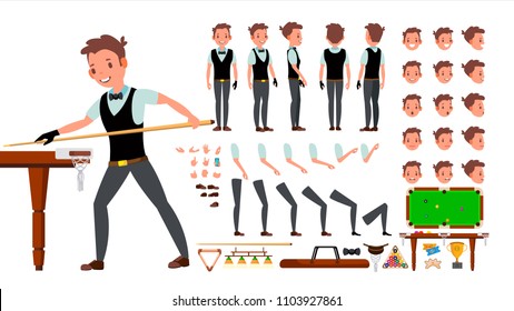 Snooker Player Male Vector. Animated Character Creation Set. Billiard. Man Full Length, Front, Side, Back View, Accessories, Poses, Face Emotions, Gestures. Isolated Flat Cartoon Illustration